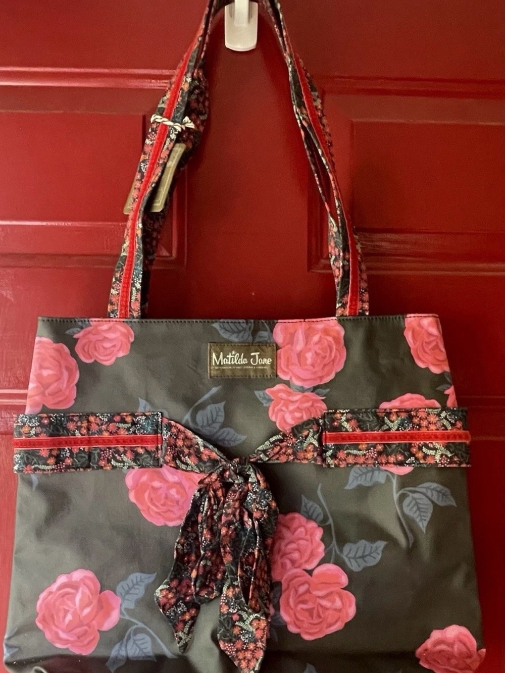 Matilda Jane Dark Floral Tote with Pink Roses